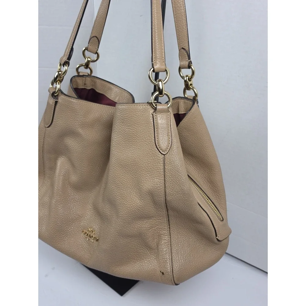 Coach Hallie Pebbled Leather Shoulder Bag Taupe Beige A2080-80268 READ